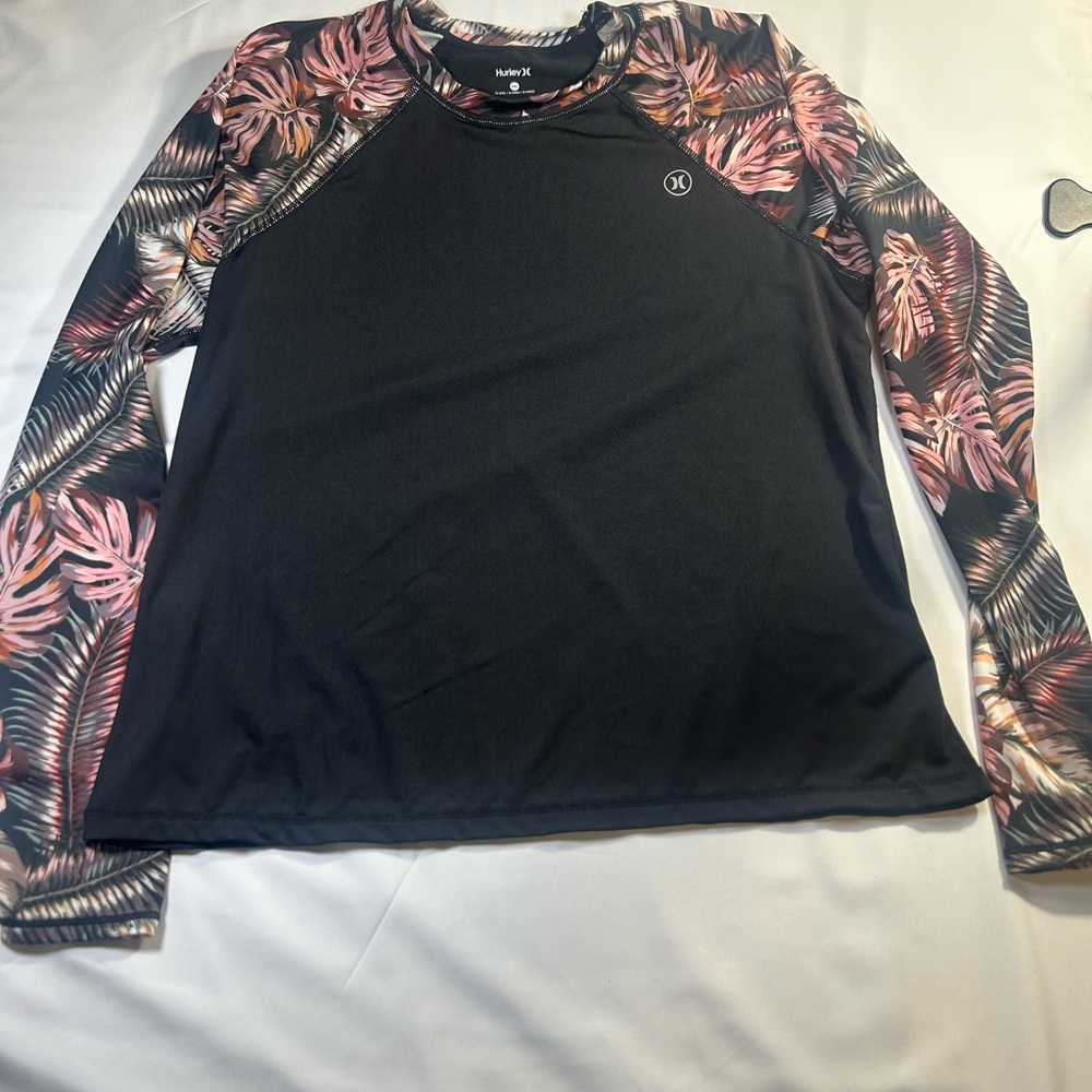 Hurley Black Rash Guard with Pink Tropical Sleeves UPF 50 xxl